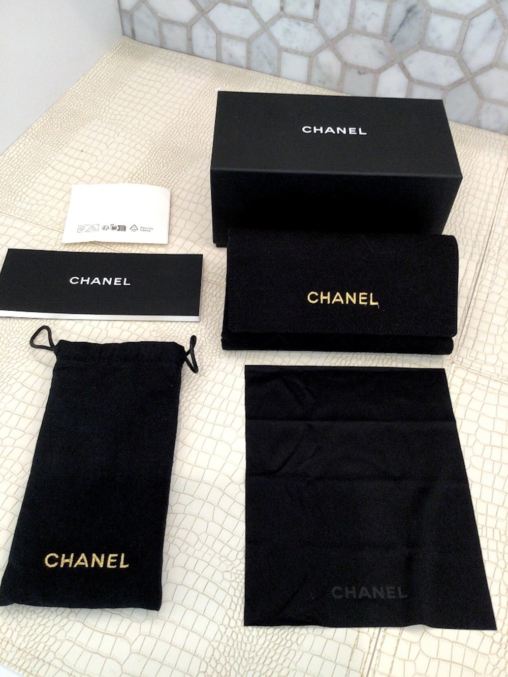 New JUMBO CHANEL Box, Case, Pouch & Cleaing Coth w/ New CHANEL Switched Design
